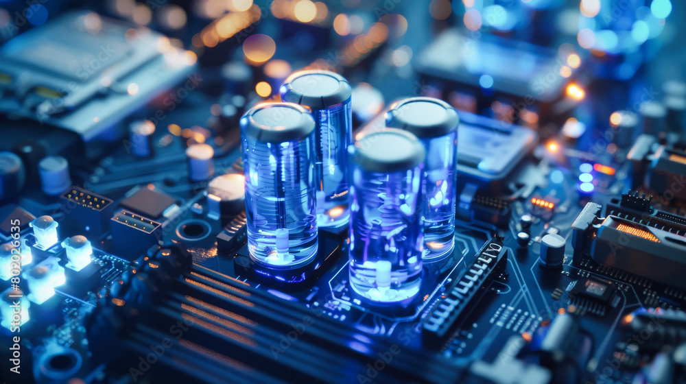 Poster an intricate generic futuristic motherboard with high tech elements