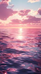 Capture the majesty of a pink sunrise reflecting on rippling water, using CG 3D to create a mesmerizing low-angle view that draws the viewer into a serene and dreamy world