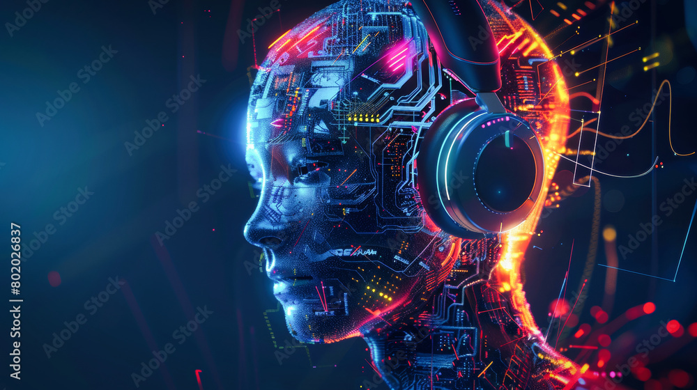 Aufkleber an artificial intelligence robot with headphones and colorful glowing elements on a dark background