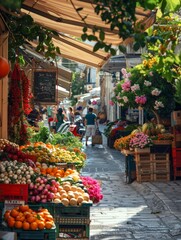 Street scene of a bustling market in Athens, with vendors selling fresh produce and flowers.