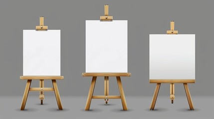 A wooden easel with a white canvas and an angle view. Modern realistic mockup of a wooden stand for paintings, a blank board for drawing on a tripod, isolated on a transparent background.