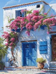 A whitewashed Greek villa with blue shutters and a vibrant bougainvillea vine.