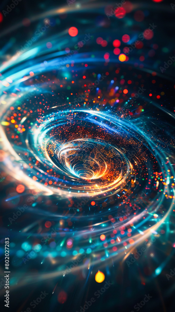 Poster abstract swirl of glowing neon light particles on a dark background