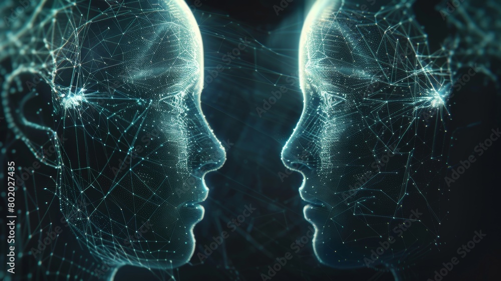 Poster a closeup shot of two heads with neural implants glowing lines visibly connecting the minds as infor