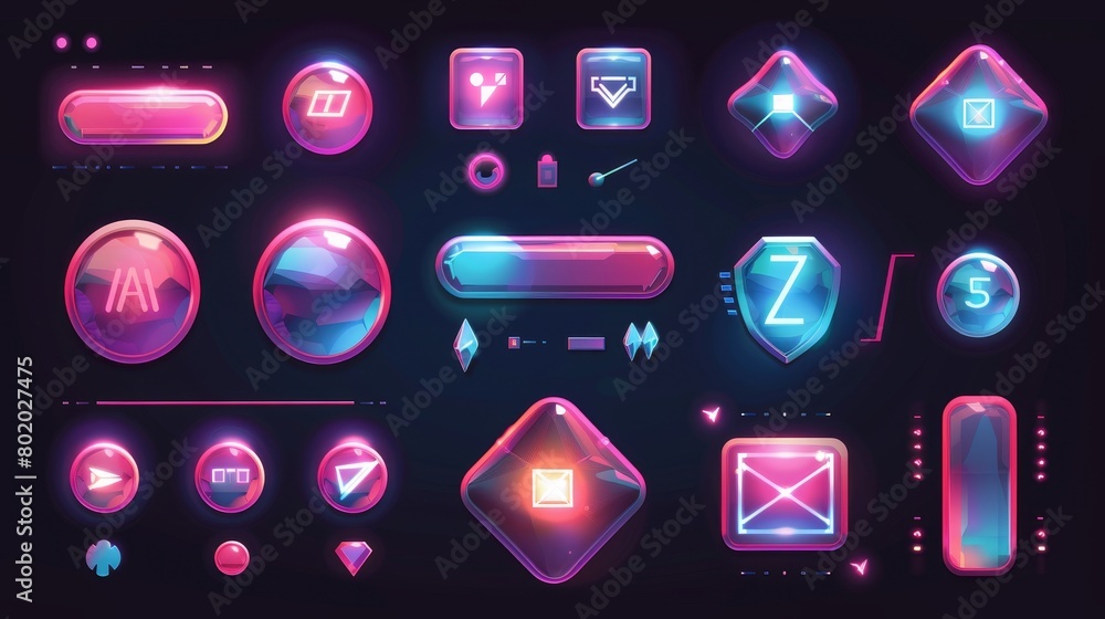Poster control buttons with neon backlight, media player interface, music bar, ui navigation switchers, vol