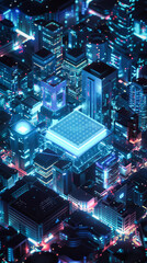 View of a fantasy cityscape with blue glowing lights and white square in the center