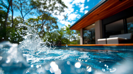 A splash of refreshing water leaps from a crystal-clear pool