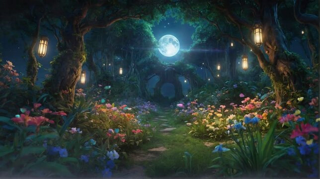 captivating drone footage explores a mystical forest bathed in moonlight, illuminated by glowing lanterns hanging from the trees. Vibrant flowers bloom along a winding path, creating a magical and enc