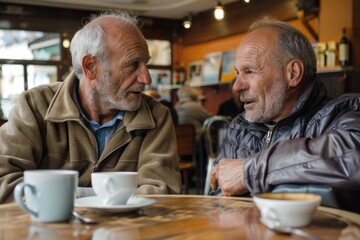 Man Friends Meeting in Coffee Shop: Middle-Aged Men Chatting at Cafe