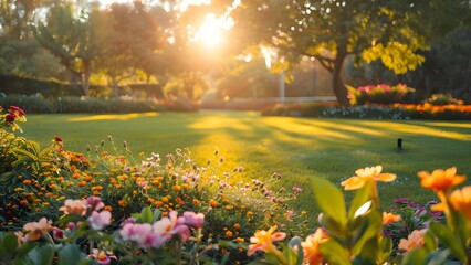 Sunlit garden with flowers . Concept Flower Garden, Sunny Day, Nature Photography