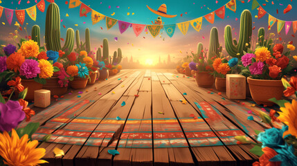  Cinco de Mayo with an empty wooden table top adorned with vibrant flowers, colorful piñatas