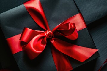 Surprise Gift. Beautiful Black Gift Box with Red Ribbon on Bright Background