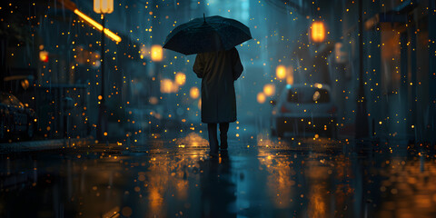 A man walks down a rainy street in the rain with an umbrella at night with lights on the road.
