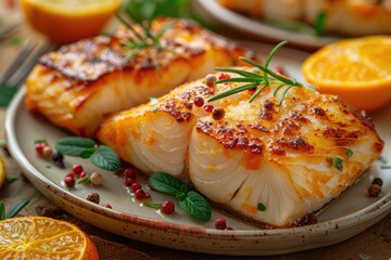 Baked halibut fillet on kitchen table plate professional advertising food photography