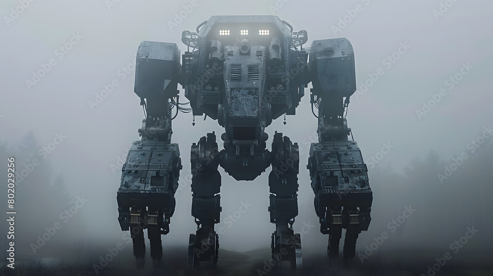 Poster a large robot standing in the middle of a foggy field