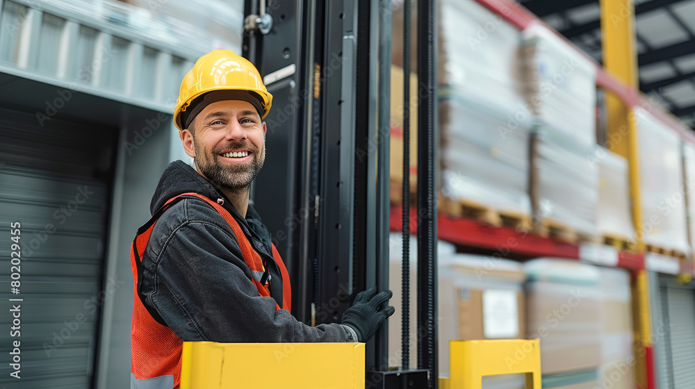 Aufkleber a happy construction worker standing next to a brand new order picker with a fully extended arm, out