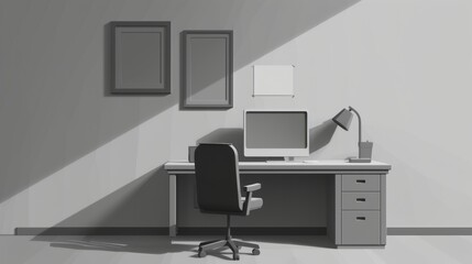 Interior of an empty office or home with a desk, chair, and computer on a table, framed posters on the wall, realistic 3D modern illustration.