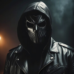Villain in a black mask and leather jacket with a hood