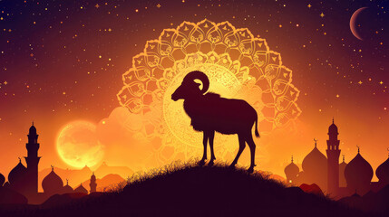 The silhouette of a ram against the background of the sky with stars and the moon, the roof of the mosque. A banner on the theme of the Muslim holiday of Eid al-Adha.
