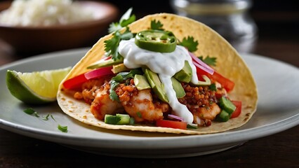 Mexican tacos with grilled fish, avocado, onion and cilantro