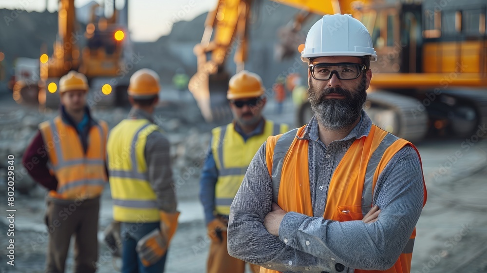 Aufkleber a team of civil engineers and construction workers, led by a engineer, standing in front of a constr
