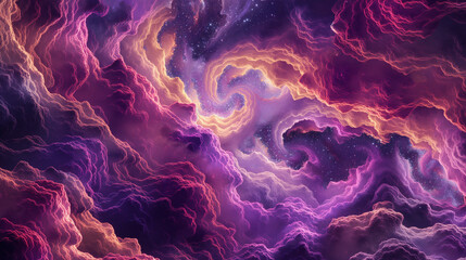 Mystical cloudscape in shades of purple and pink, creating an otherworldly atmosphere with ethereal shapes and dreamlike features. The background is a deep spacelike void