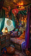 Brightly colored bedding and pillows in a bohemian bedroom with a window. Fortune teller concept background. Vertical background 