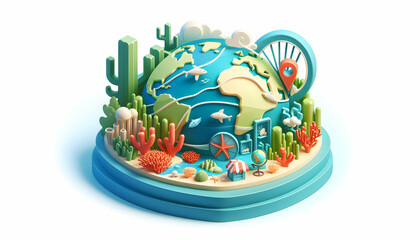 Cartoon 3D Ocean Conservation Efforts Concept: Marine Protected Areas, Coral Reef Restoration, Sustainable Fishing Practices