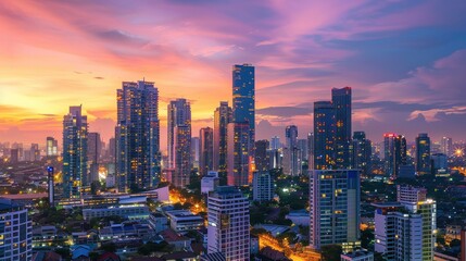 Obraz premium Downtown cityscape with contemporary residential buildings under colorful sunset sky at night Ai generated