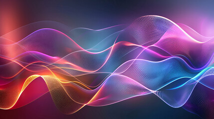 Obraz premium Energy Light Lines Flow, Dark abstract background with glowing abstract waves, Abstract graphics. Colorful neon digital curves, or sound wave, on a black background, holographic iridescent neon curve