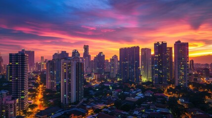 Downtown cityscape with contemporary residential buildings under colorful sunset sky at night Ai generated
