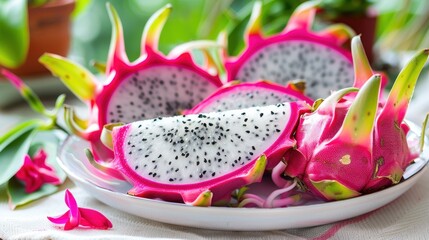 dragon fruit slice and cut half on white plate with pitahaya background , fresh white and red purple dragon fruit tropical Ai generated