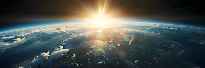 A breathtaking view of Earth from space with the sun shining through the clouds, showcasing the beauty of our worlds atmosphere and landscape