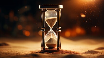 Elegant hourglass with flowing sand, space for copy