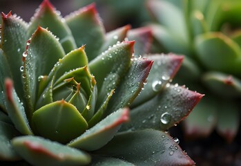 A close-up view of a succulent plant, its plump green leaves forming a rosette pattern, with tiny droplets clinging to its surface, generative AI