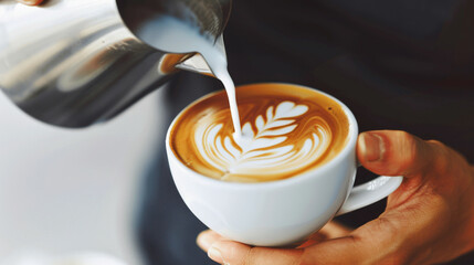 a cup of latte art is being poured into a cup