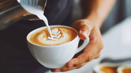 a cup of latte art is being poured into a cup