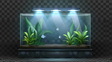 Aquatic glass box and terrarium with backlight isolated on transparent background. Empty illuminated tank for water and fish, exhibition showcase, decoration, 3D illustration, realistic.