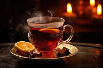 Close-up of a steaming cup of mulled wine.