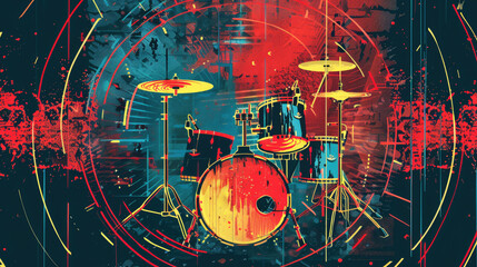 Art illustration of Drums on a dark background. An illustrated flyer for Music Day. Musical disco party