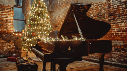Beautiful grand piano decorated for Christmas 