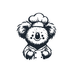 The chef koala. Black white vector illustration.