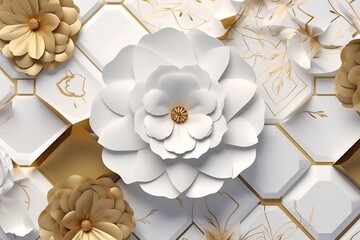 a flower is placed on a white tile with gold and white flowers.