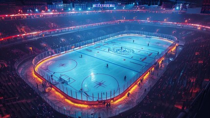Vibrant Aerial View of Ice Hockey Arena, Capturing the Grandeur and Excitement of the Game