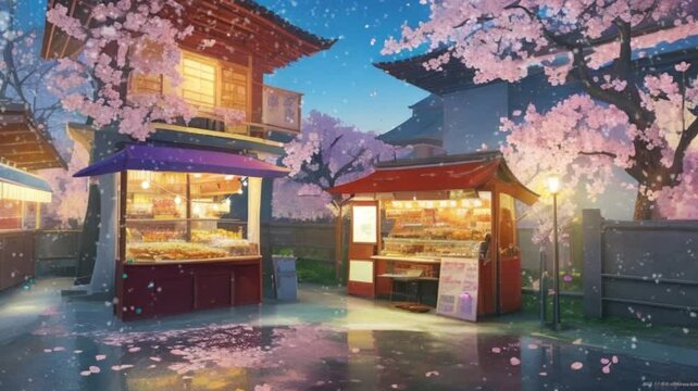 shop in the city with cherry blossom tree. Cartoon or Japanese anime watercolor illustration painting style. seamless looping 4K virtual video animation background