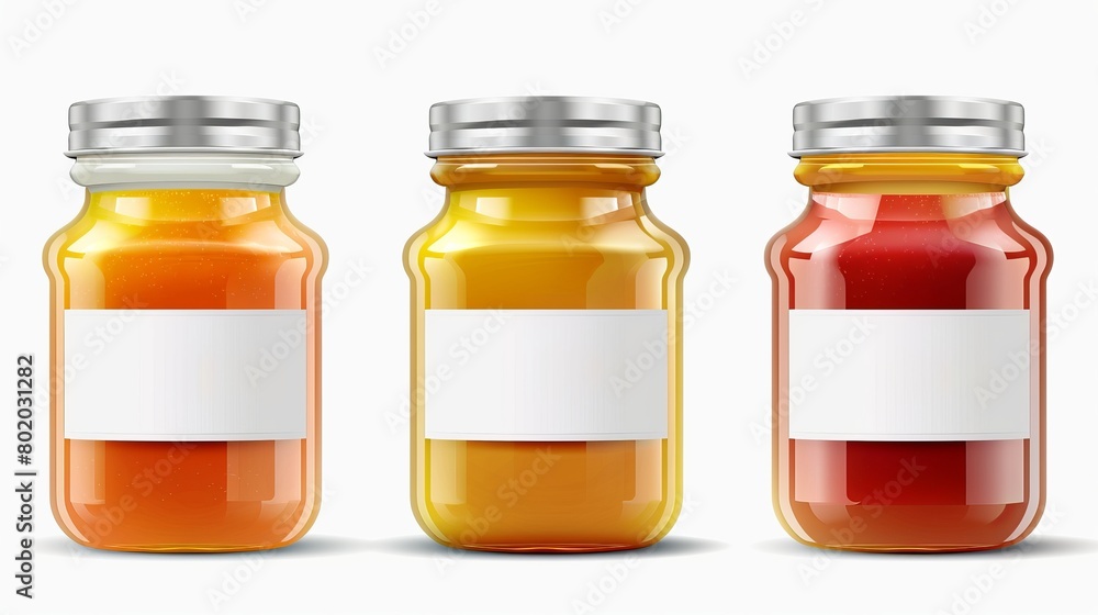 Poster the packaging of preserves in transparent bottles with steel caps and white labels was displayed in 