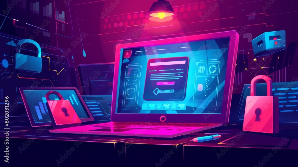 Poster internet social networks media cyber privacy, web banner with key, lock, login and password form. pr
