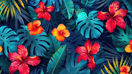 Painted bright flowers and blue-green leaves of the monstera. Tropical floral background - obrazy, fototapety, plakaty