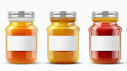 The packaging of preserves in transparent bottles with steel caps and white labels was displayed in this mockup with jars full of jam and blank labels. It was created with a modern realistic picture