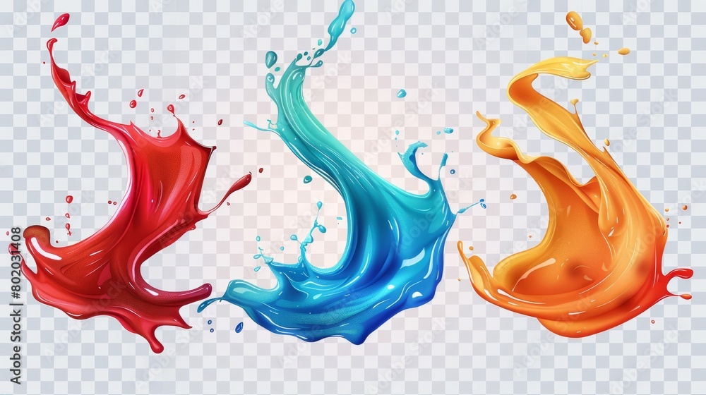 Poster splashes of liquid paints on a transparent background with swirls and drops. modern realistic set of
